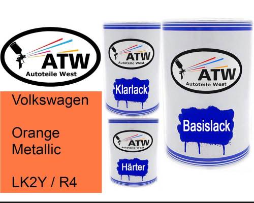 Volkswagen, Orange Metallic, LK2Y / R4: 500ml Lackdose + 500ml Klarlack + 250ml Härter - Set, von ATW Autoteile West.